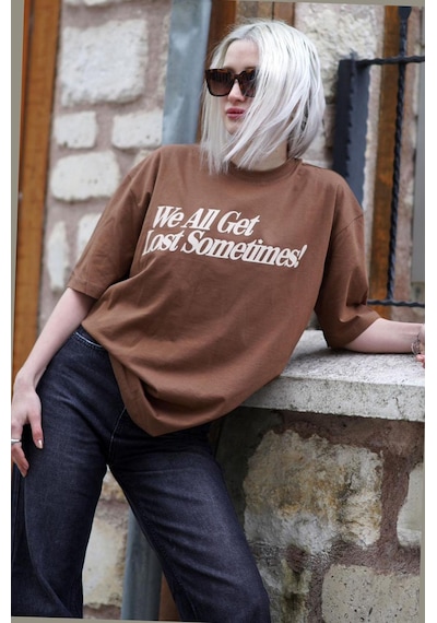 Madmext Kahverengi Baskılı Oversize Tişört Mg1532-kahverengi Kahverengi