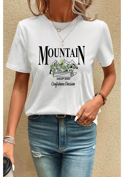 Tarzsokak Unisex Montain Baskılı T-shirt Beyaz