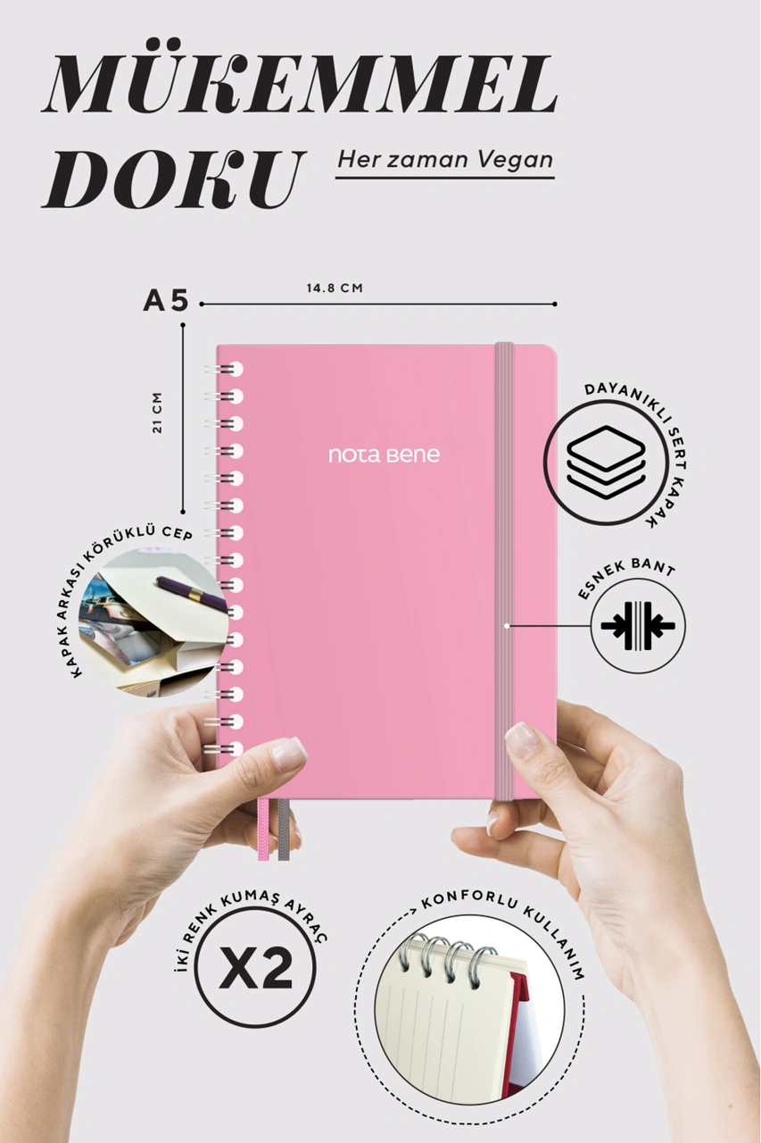 Nota Bene Spiralli Premium Sert Kapak Defter, 14.8x21 Cm, Çizgili Pembe