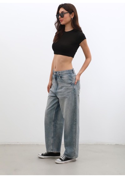 Kadın Yüksek Bel Skater Fit Jean Pantolon Tint Mavi