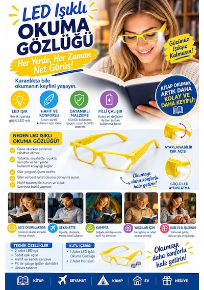 Led Işıklı Camsız Kitap Okuma Gözlüğü Pratik Kitap Lambası, Gece Okuma Işığı, Okuma Gözlüğü Sarı