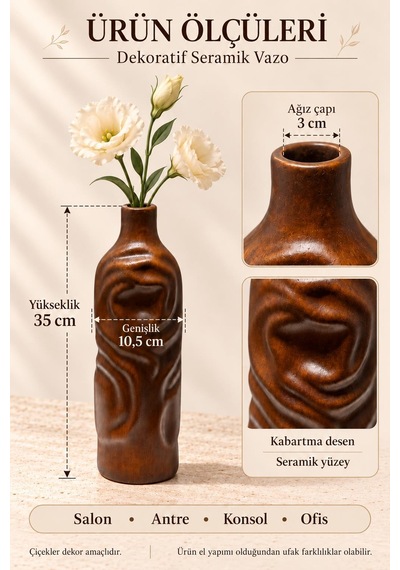Kahverengi Dekoratif Çiçek Vazosu El Yapımı Kabartma Desenli Salon Konsol Dekoru