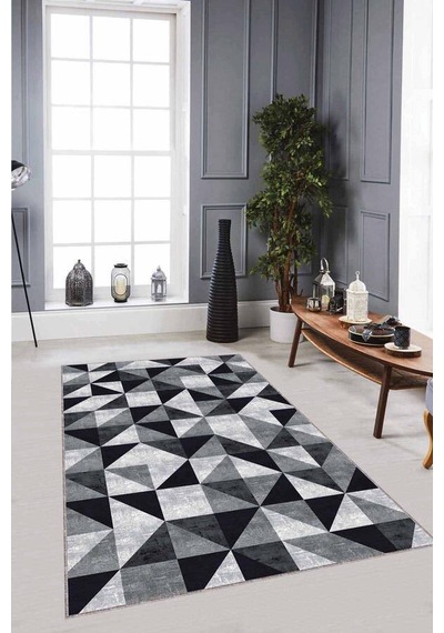 Siyah Geometrik Kaymaz Taban Makinede Yıkanabilir Halı Pr04n11
