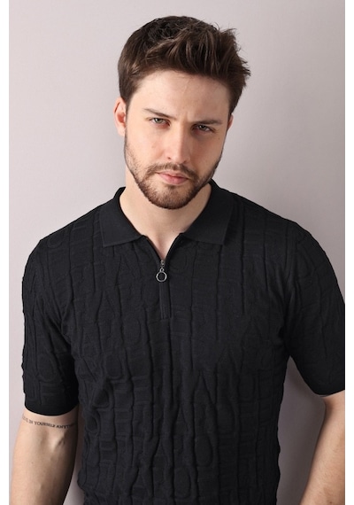 Ferraro Siyah Polo Yaka Fermuarlı Erkek Pamuk Triko T-Shirt-Siyah (417942614) Siyah