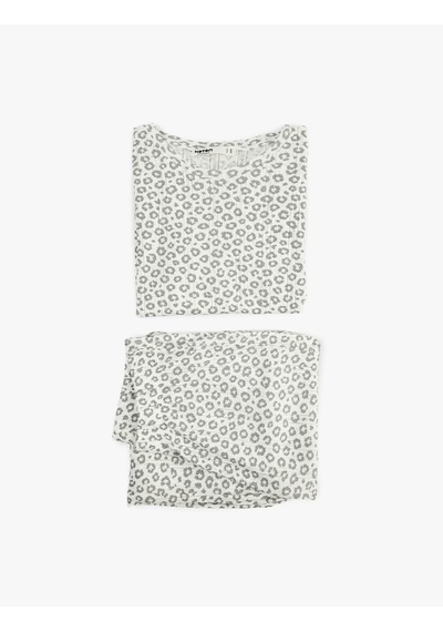 Koton Pamuklu Kısa Kollu Bisiklet Yaka Leopar Desenli Pijama Takımı Gri Desenli 6slk40111mk