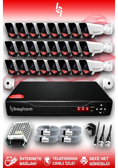 Bayicam 24 Kameralı Süper 24 Dış Kamera Set HDD'siz 5 MP 2K Net Gece Görüşlü Güvenlik Kamerası Sistemi