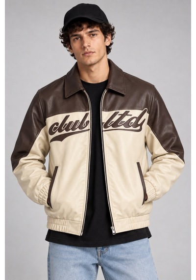 Maison Rae Erkek Krem, İçi Kürklü, Çift Renkli, Yazı Detaylı,oversize Suni Deri Bomber Ceket