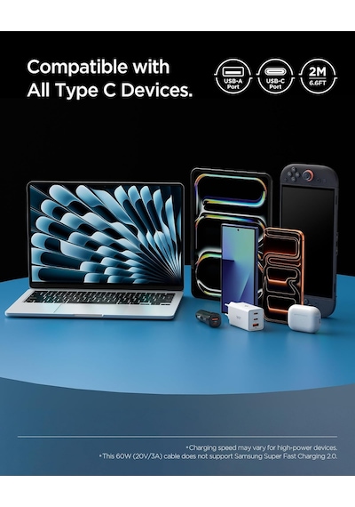 Usb-a To Usb-c 2 Metre Kablo 60w Güç/hızlı Şarj / 480 Mbps Data Aktarım Hızı Type-c Ekstra Dayanıklı Beyaz - Aca08716