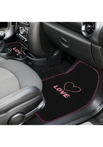 Kalp Ve Aşk Desenli Pembe Nakışlı 5'li Oto Halı Paspas Seti Love Yazı Detaylı Araba Paspas Takımı