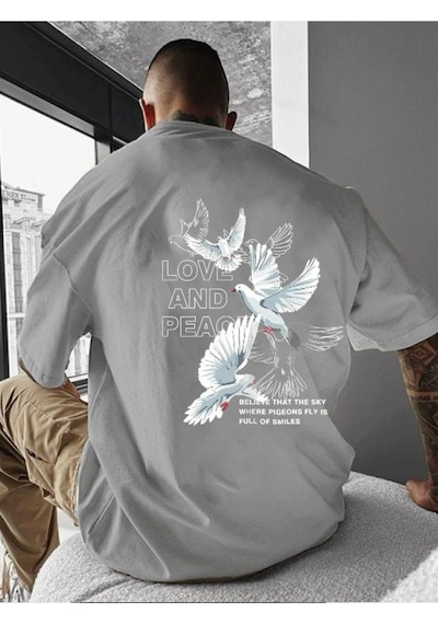 Love And Peace Baskılı Oversize Tişört Gri