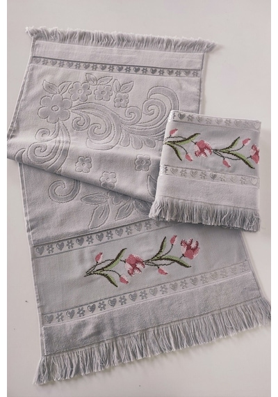 Gül Nakışlı Jakarlı Kadife El Yüz Havlusu - 50x90 Cm-gri Grı Gri
