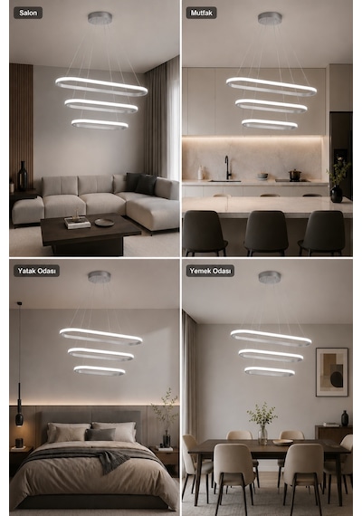 AvizeGO Elipso 3'lü Led Sarkıt Avize 3 Renk Kumandalı Gri