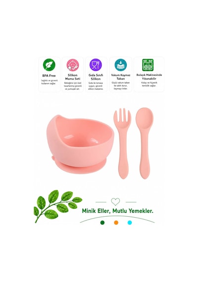 Jojobebek Vakumlu Silikon Mama Kasesi, Altı Vakumlu Mama Kasesi, Silikon Kaşık Ve Çatal / Pembe