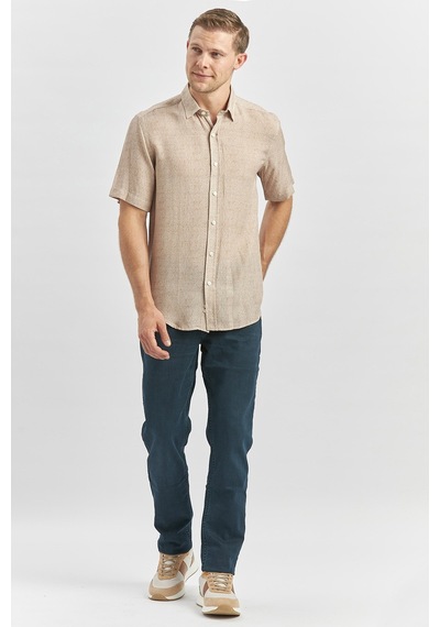İmza Bej Kısa Kollu Düğmeli Yaka Biyeli Keten Casual Slim Fit Dar Kesim Gömlek 1004240242 Bej
