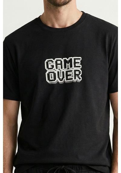 Elemge %100 Pamuk Pijama Üstü T-shirt Süprem Compact Penye Erkek Rahat Kalıp Siyah Kısa Kol Game Over Baskı Elemge %100 Pamuk Pijama Üstü T-shirt Süprem Compact Penye Erkek Rahat Kalıp Siyah Kısa Kol Game Over Baskı