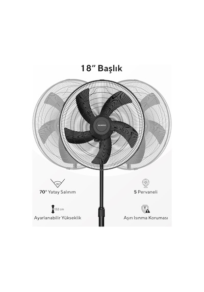 Kumtel KTF-345 Siyah 18" Ayaklı Vantilatör 60 W 5 Pervaneli 3 Kademeli 132 CM