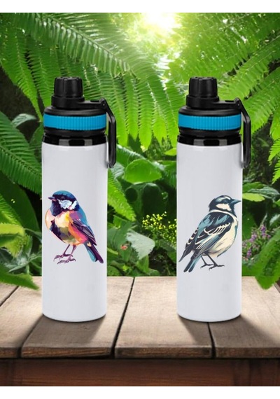 Kuş Baskılı 2'li Mavi Kulplu Matara Suluk 850 Ml Beyaz