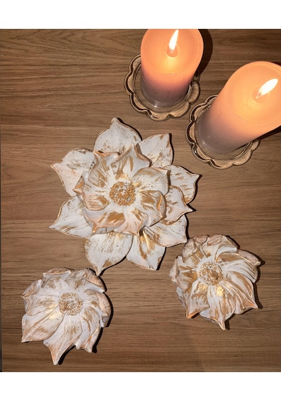 3'lü Lotus Dekoratif Obje Seti Beyaz & Eskitme Altın Yaldız
