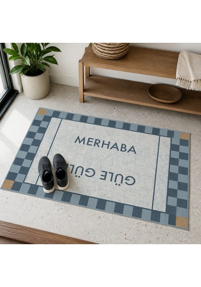 Kartela Halı Merhaba Güle Güle Damalı Kapı Paspası Mavi Kaymaz Kauçuk Taban Yıkanabilir 60x90 Cm