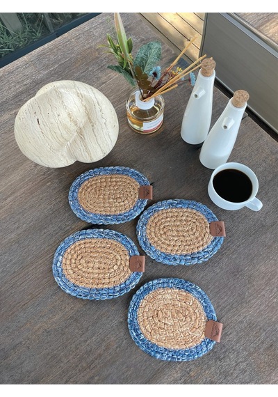 4 Adet Oval Bardak Altlığı- Leke Tutmaz- Naturel-mavi 13x17 Cm Naturel