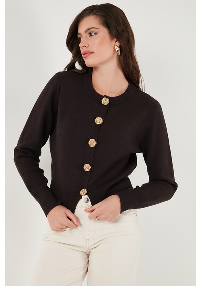 Lela Premium Regular Fit Yuvarlak Yaka Crop Triko Bayan Hırka 680Hi00110 Kahve