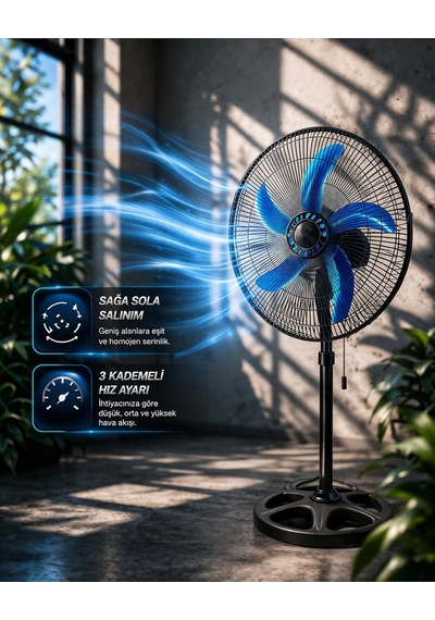 Sanayi Tipi 80w Güçlü Vantilatör 56cm Isı Yalıtımlı Motor 5 Pervaneli Mpıa Ev Ofis Ayaklı Fan