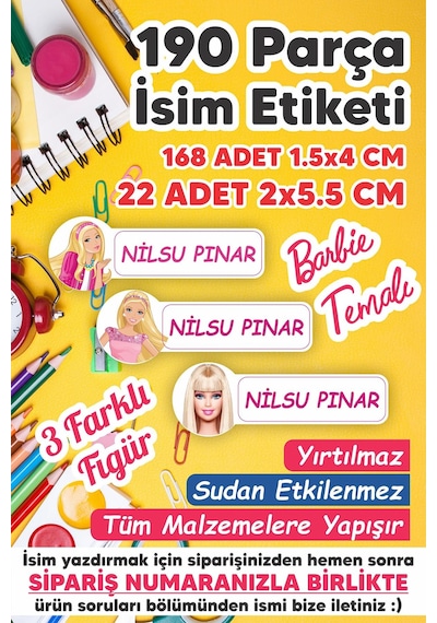Okul Etiketi Kalem Defter Etiketi Barbie Özel Isim Yazılabilen Etiket - 190 Adet