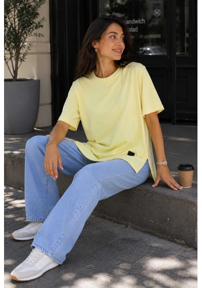 Tenra Kadın Basic Oversize Tişört Bisiklet Yaka Uzun Boy Yırtmaçlı Lazer Kesim %100 Pamuk Sarı Tenra Kadın Basic Oversize Tişört Bisiklet Yaka Uzun Boy Yırtmaçlı Lazer Kesim %100 Pamuk Sarı