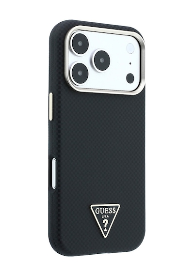 Apple iPhone Uyumlu 18 Pro Kılıf Guess Lisanslı M-safeli Pu Metal Üçgen Logolu Karbon Fiber Kevlar Kapak Siyah