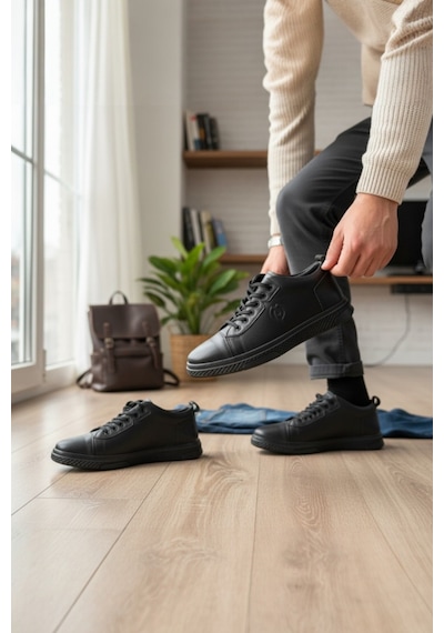 Enoch Hakiki Deri Siyah Yanı Logo Detaylı Siyah Erkek Sneaker Siyah