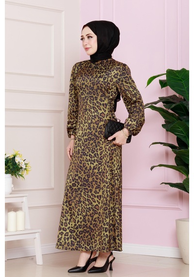 Yanı Bağcıklı Leopar Desenli Tesettür Abiye-hardal-4684