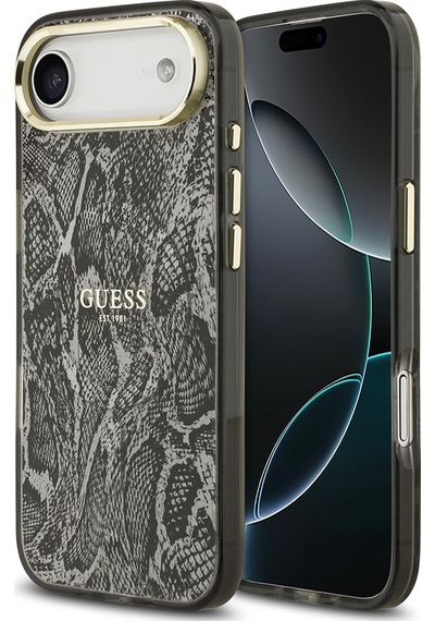 Apple Uyumlu iPhone 17 Air  Kılıf Guess Lisanslı M-safe Özellikli Yazı Logolu Python Desenli Kapak Siyah Siyah