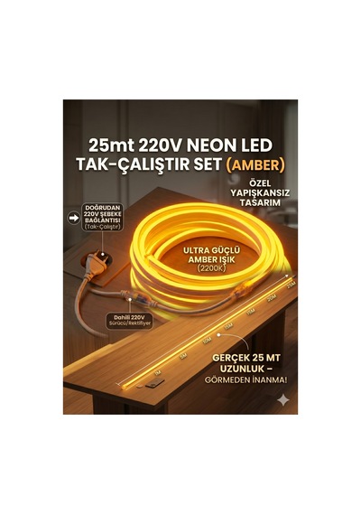 25 Metre Amber 220v Neon Led Şerit ,tak Çalıştır Set, Fişli Esnek Şerit Led, ,turuncu Led,mutfak,tezgah Ledi, Neon Led Şerit Işık ,ambiyans Işık Havuzu, Balkon, Teras Ve Ev İçin Dekoratif Led