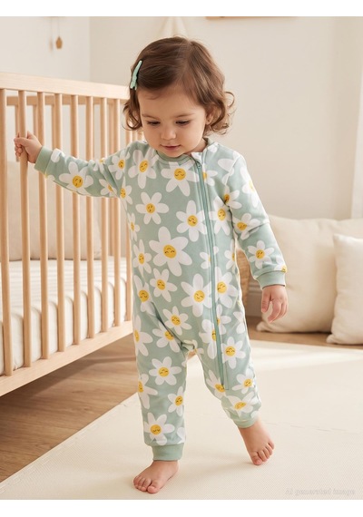 Civil Baby Çiçek Empirme 2.5 Tog Uyku Tulumu Pamuklu İnterlok Uzun Kollu Bisiklet Yaka - Yeşil Çağla Yeşili