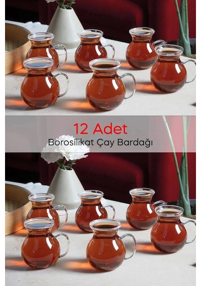 12'li Cam Bardak Saplı Keyfi Ala Borosilikat Cam Bardak Takımı Isıya Dayanıklı Kulplu Çay Fincanı Ba Çok Renkli