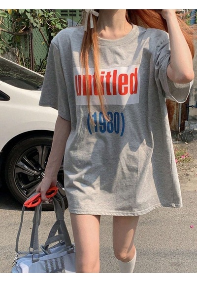 Untitled 1980 T-shirt - Gri Baskılı Oversize Bisiklet Yaka Kısa Kol Gri