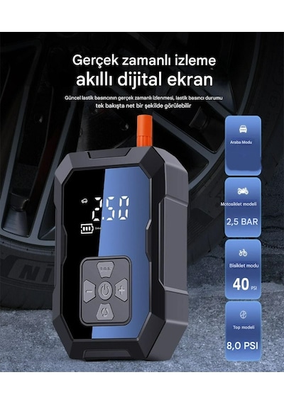 H-9293 Akıllı 4000mah Şarjlı Hava Pompası Kompresörü 150psi Araç Lastik, Bisiklet, Top Şişirme Oto Hava Kompresörü Digital