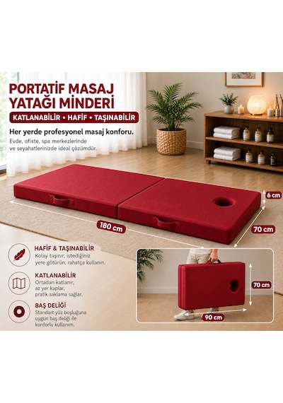 Masaj Yatağı Portatif Katlanabilir Masaj Yatağı Minderi 6 Cm Sünger 180x70 Cm Kırmızı