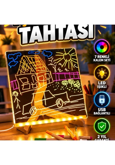 Led Işıklı Akrilik Yazı Tahtası 7 Renkli Kalem Setli Usb Bağlantılı