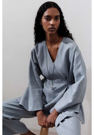 Manuka Keten Kruvaze Kapama Kimono Mavi Mavi