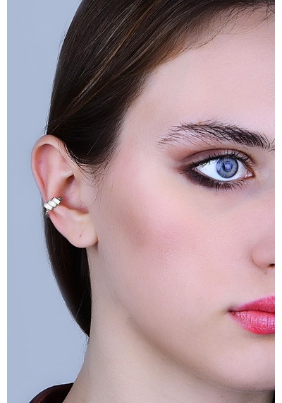 Gümüş Rodyumlu Baget Kesim Zirkon 3 Taşlı Sıkıştırmalı Kıkırdak Küpe Ear Cuff