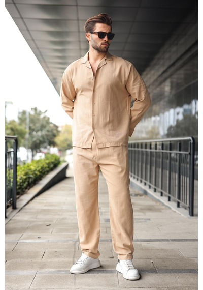 Madmext Bej Düğmeli Basic Erkek Gömlek Pantolon Takım E7335 Bej