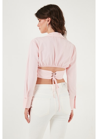 Lela Fitted Fit Pamuklu Korse Detaylı Uzun Kollu Crop Bayan Gömlek 611Go00376 Şeker Pembe