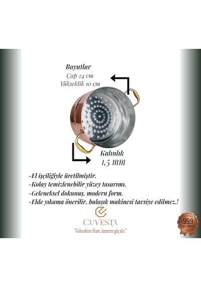 Cuvesta El Yapımı Şef Tipi Küçük Kalın 1.5mm Bakır Süzgeç 24x10cm