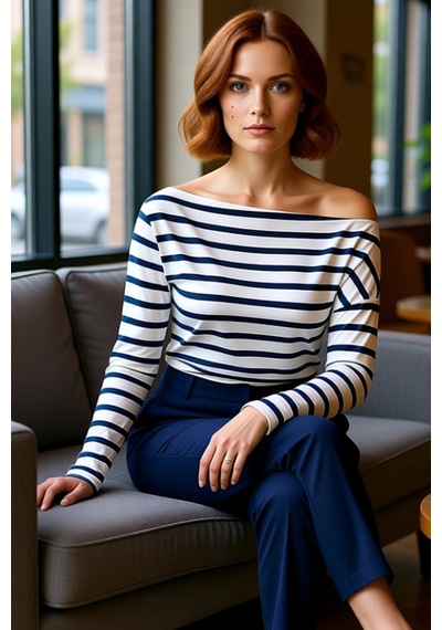 Ersefa Moda Kayık Yaka Örme Slim Çizgili Desen Casual Günlük Regular Uzu Lacivert