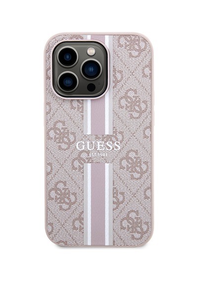 Apple Uyumlu iPhone 14 Pro Max Kılıf Guess Lisanslı Magsafe Şarj Özellikli 4g Şerit Tasarımlı Printed Kapak Pembe