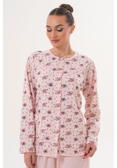 Mecit Pijama Mecit 6315 Pudra Kadın Boydan Düğmeli Büyük Beden Pijama Takımı Pudra