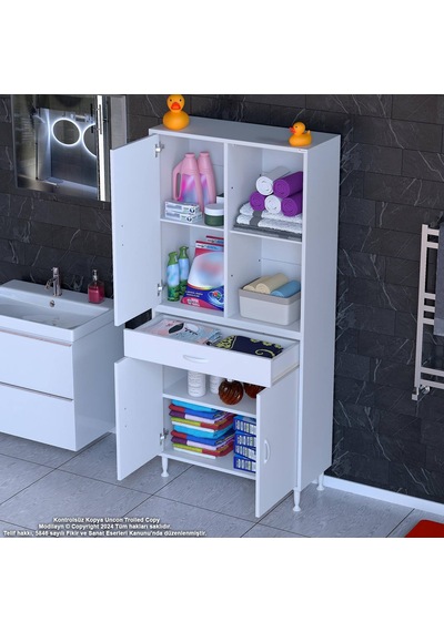 Modilayn Afra 80x173x32,5 Cm 1 Çekmece 3 Kapak 3 Raf 6 Bölme Çok Amaçlı Banyo & Mutfak Dolabı Beyaz