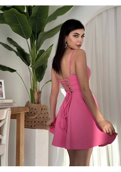 Defymoda Pole İp Askılı Elbise Pembe