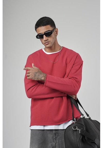 Pis Yaka Oversize Kesim Erkek Düz Sweatshirt Kırmızı
